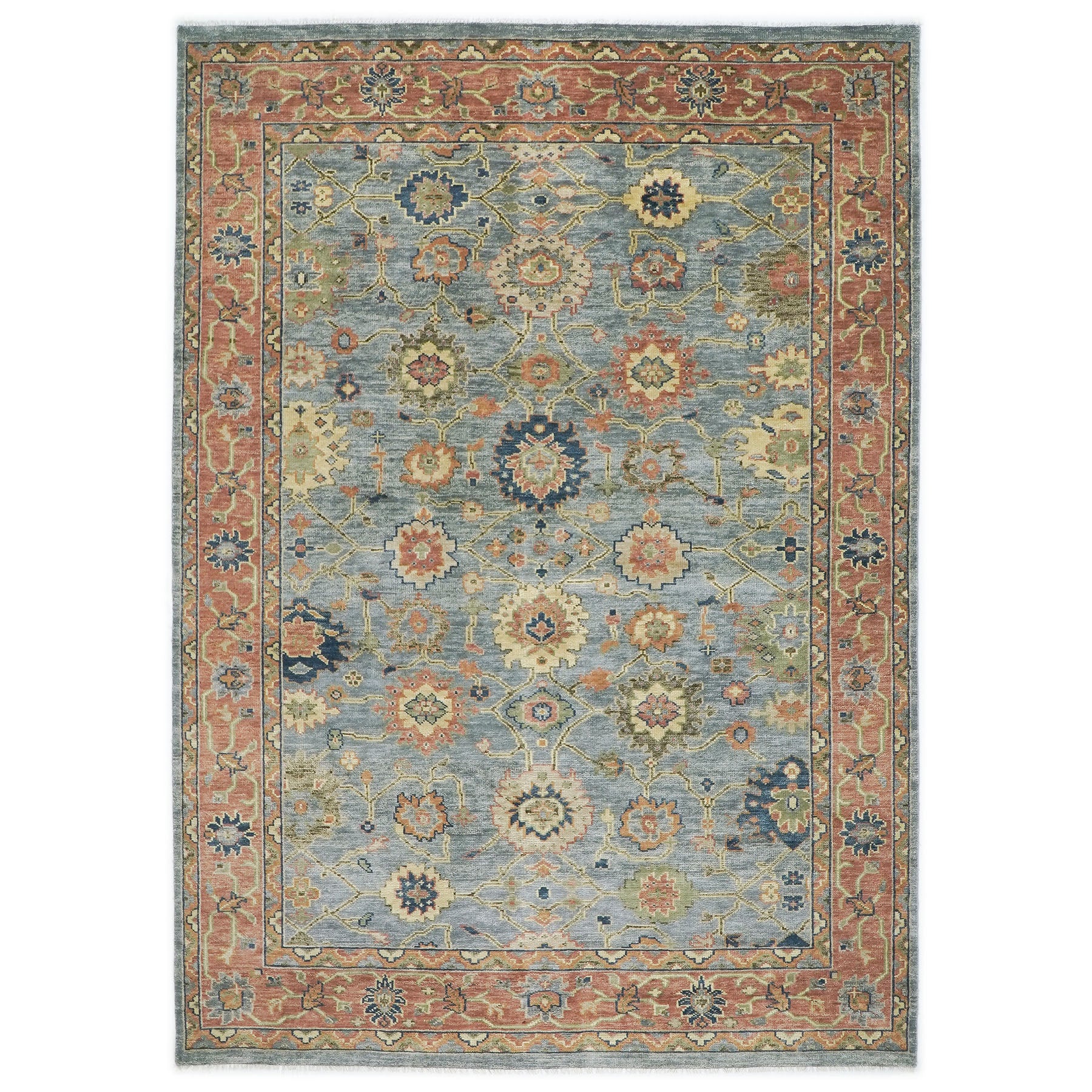 10x14 Blue, Rose, Lime Color Hand Knotted Oushak Wool Arts and Crafts Oriental Rug