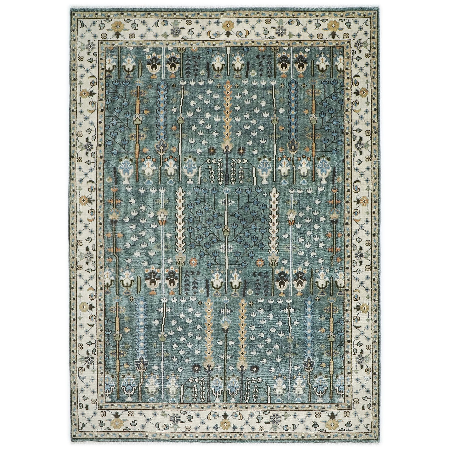 10x14 Celadon, Ivory, Brown Color Hand Knotted Oushak Wool Transitional Oriental Rug