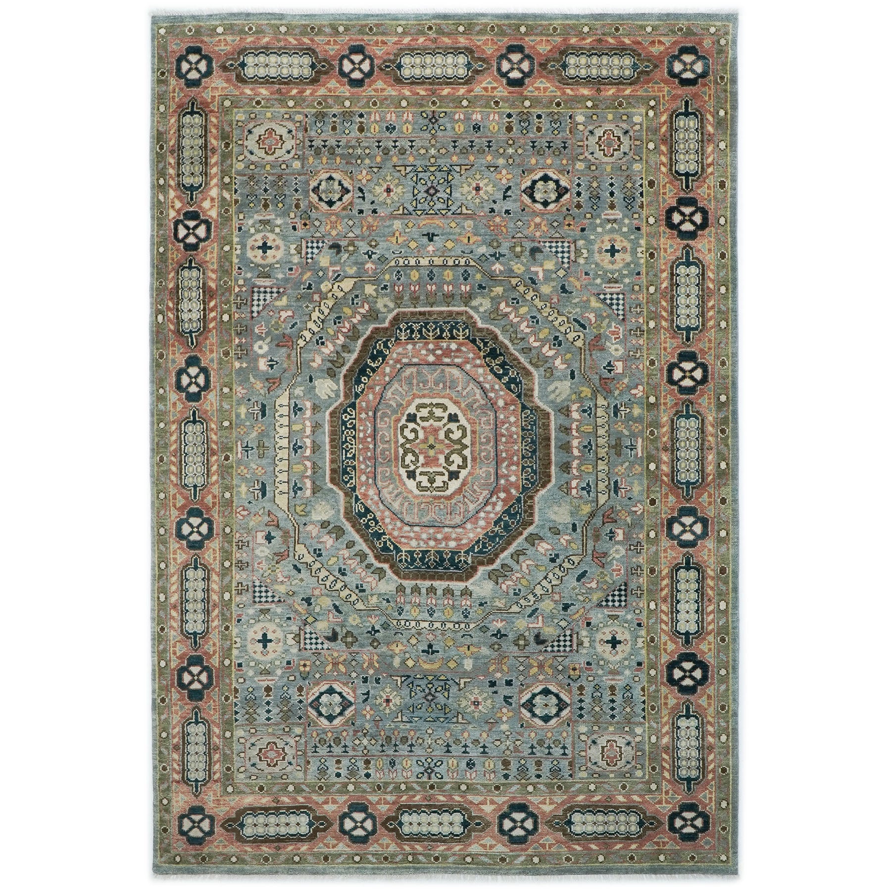 10x14 Slate, Rose, Green Color Hand Knotted Oushak Wool Traditional Oriental Rug