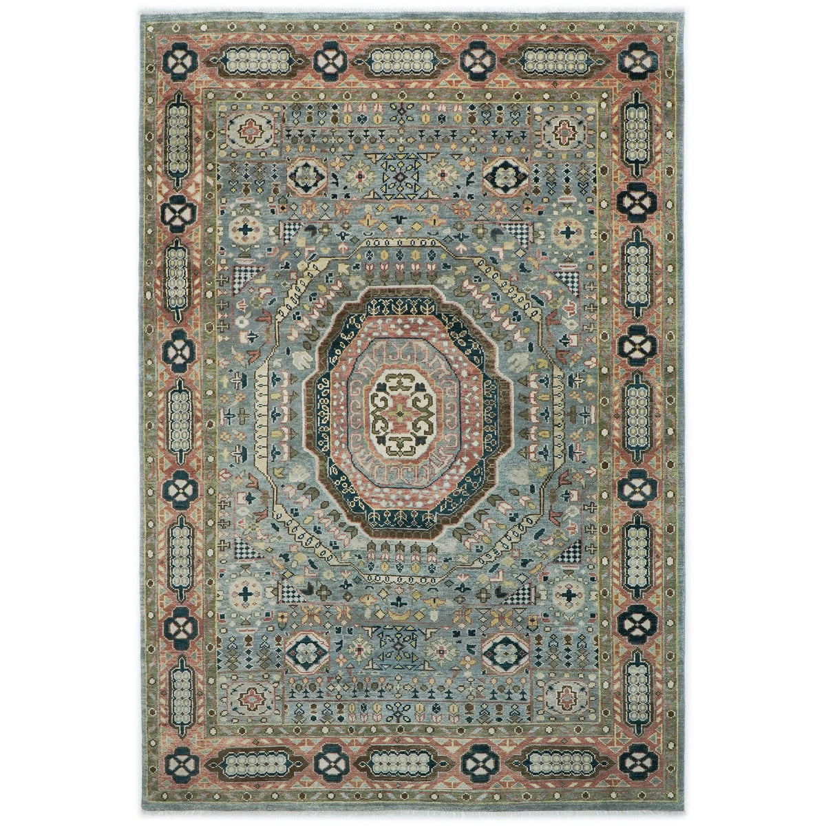 10x14 Slate, Rose, Green Color Hand Knotted Oushak Wool Traditional Oriental Rug