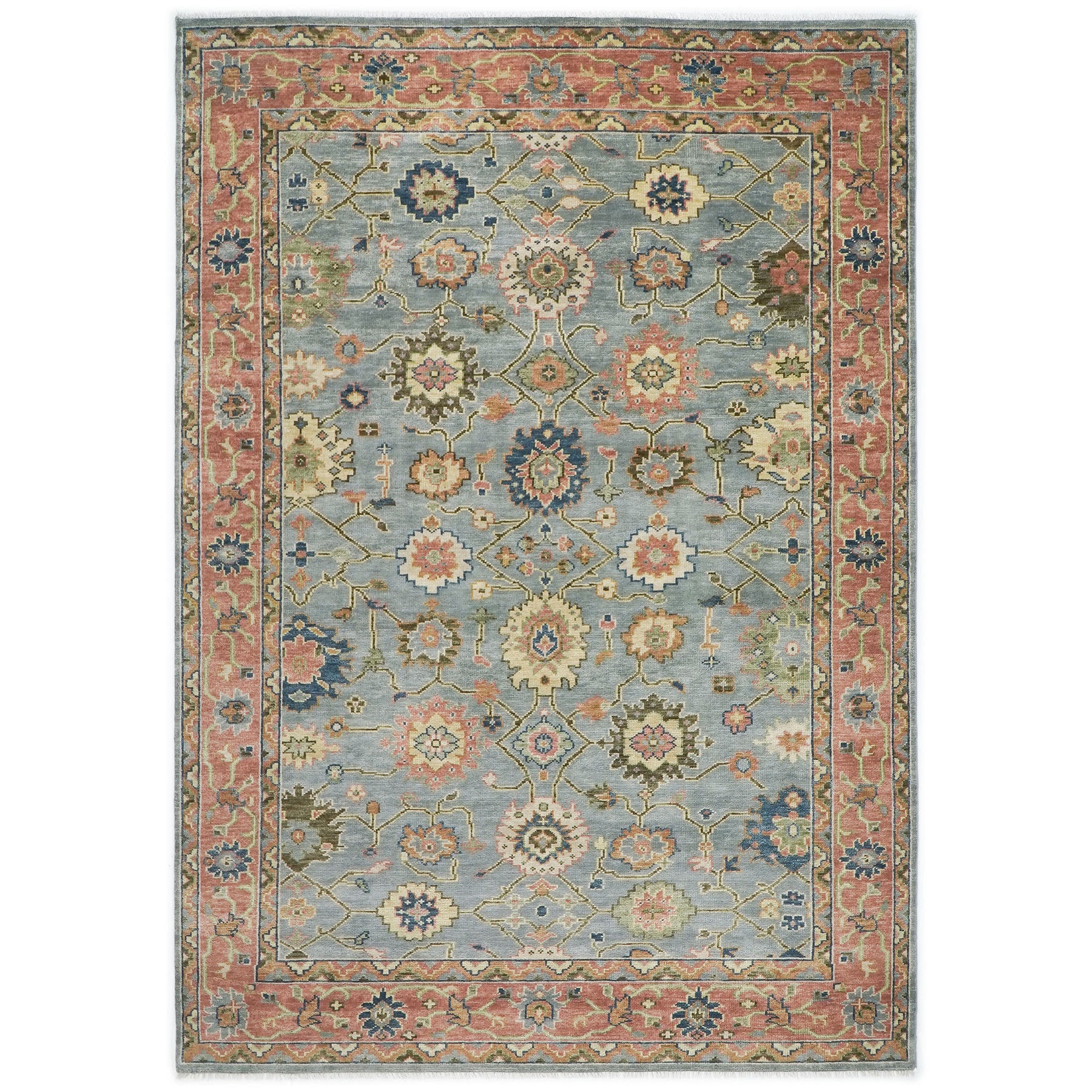 10x14 Blue, Rose, Lime Color Hand Knotted Oushak Wool Arts and Crafts Oriental Rug