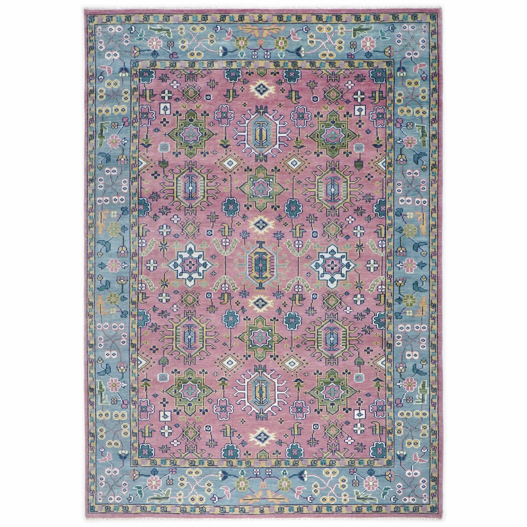 10x14 Pink, Blue, Lime Color Hand Knotted Oushak Wool Transitional Oriental Rug