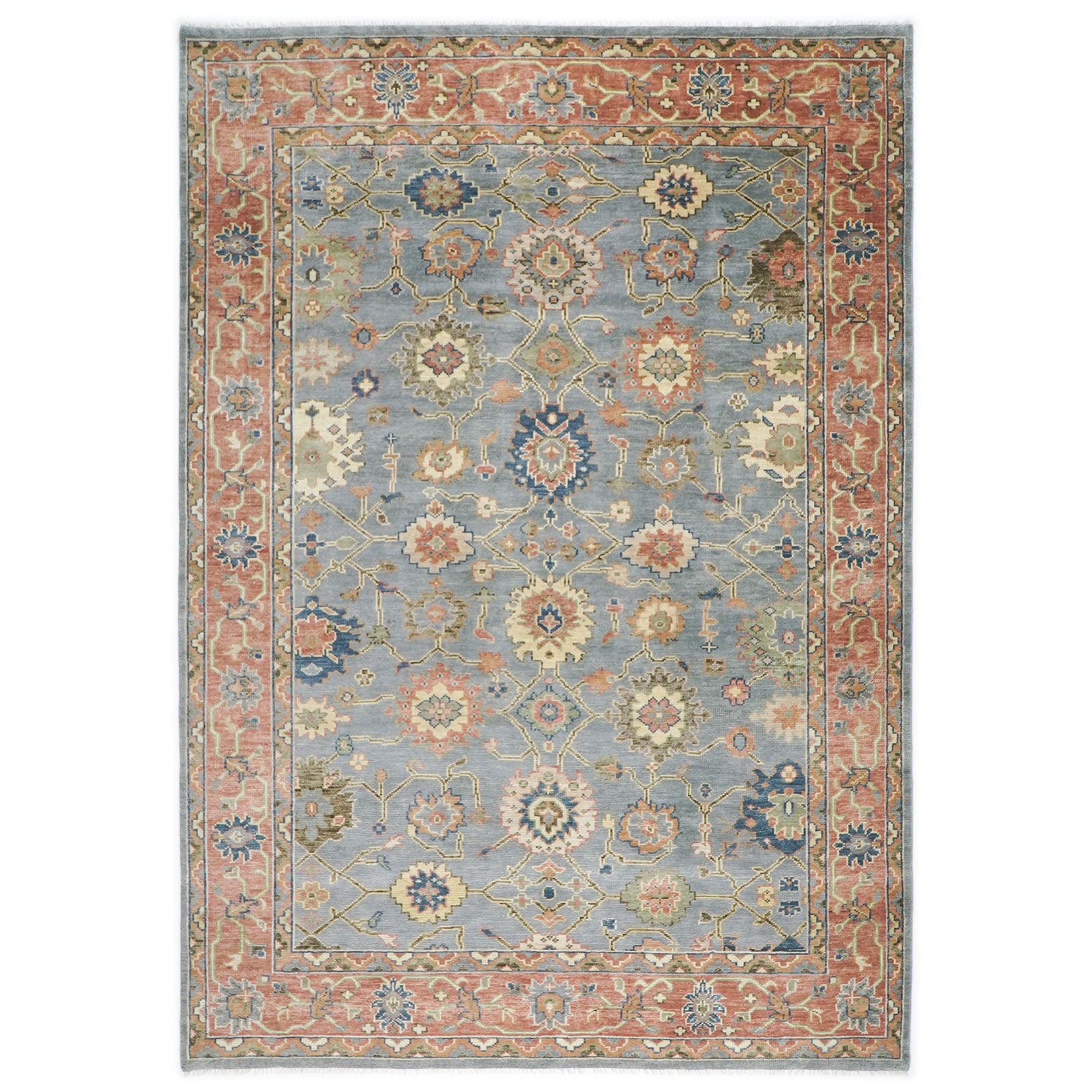 10x14 Blue, Rose, peach Color Hand Knotted Oushak Wool Arts and Crafts Oriental Rug