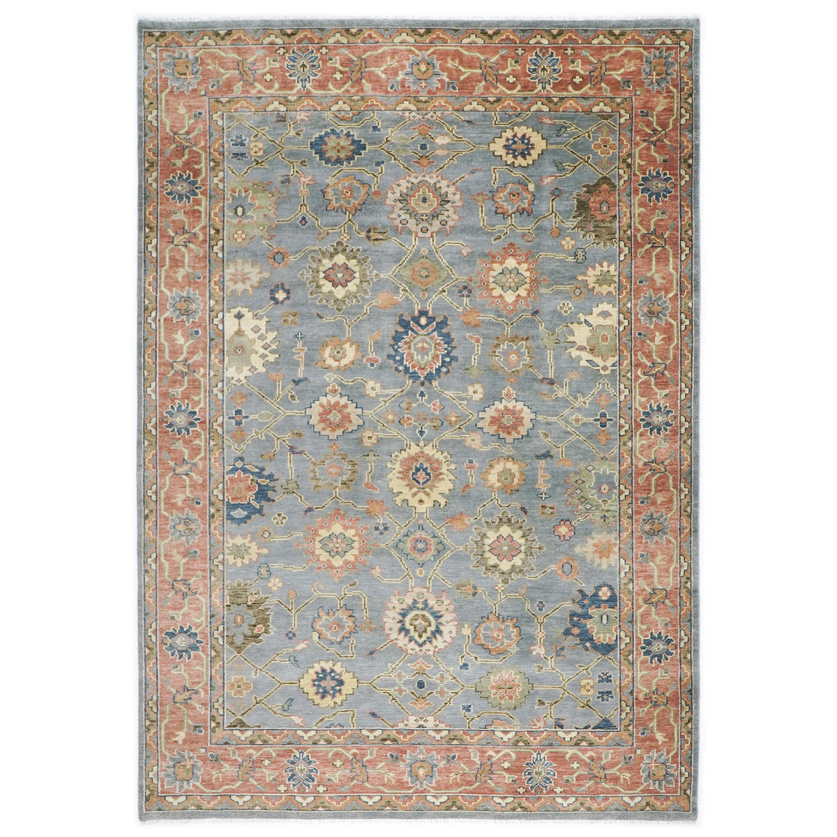 10x14 Blue, Rose, peach Color Hand Knotted Oushak Wool Arts and Crafts Oriental Rug