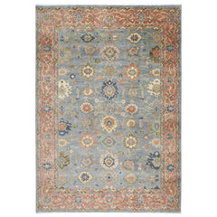 10x14 Blue, Rose, peach Color Hand Knotted Oushak Wool Arts and Crafts Oriental Rug