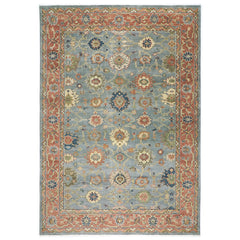 10x14 Blue, Rose, peach Color Hand Knotted Oushak Wool Arts and Crafts Oriental Rug