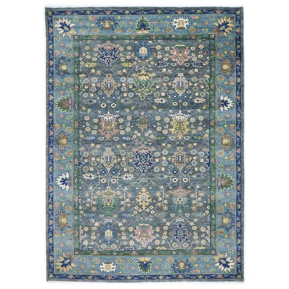 10x14 Blue, Navy, Green Color Hand Knotted Oushak Wool Arts and Crafts Oriental Rug