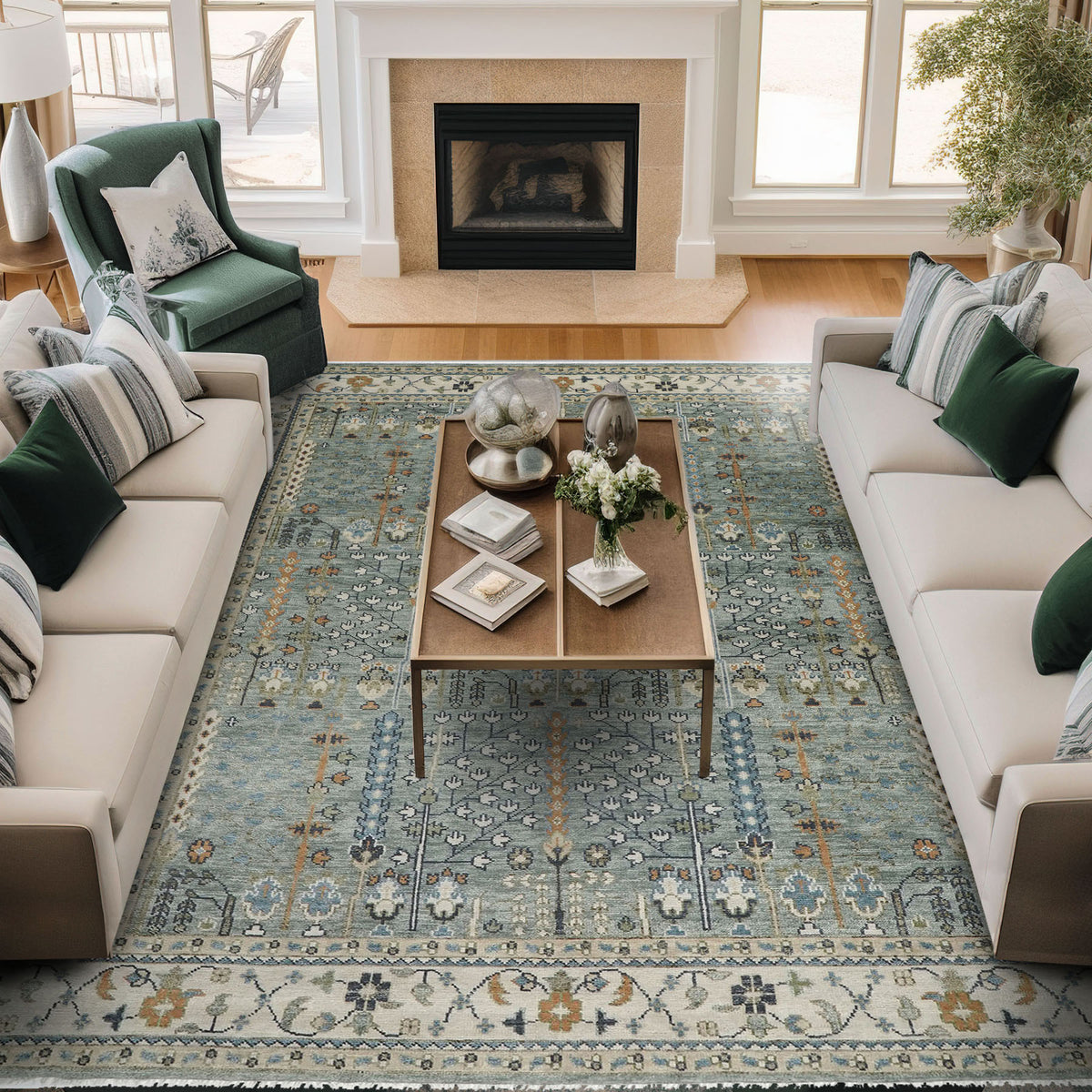 12x15 Seledon, Beige, Green Color Hand Knotted Oushak Wool Transitional Oriental Rug