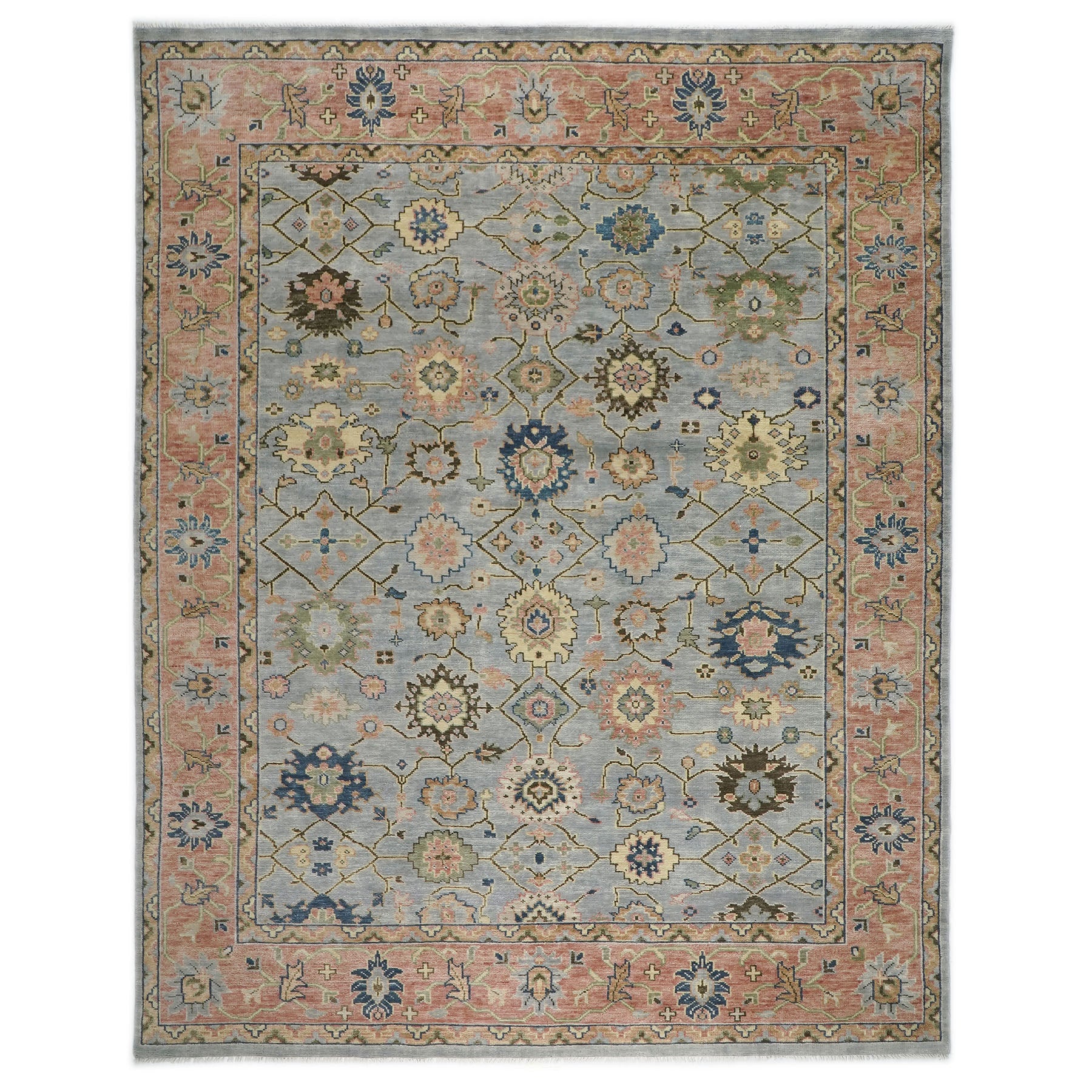 12x15 Blue, Rose, Navy Color Hand Knotted Oushak Wool Arts and Crafts Oriental Rug