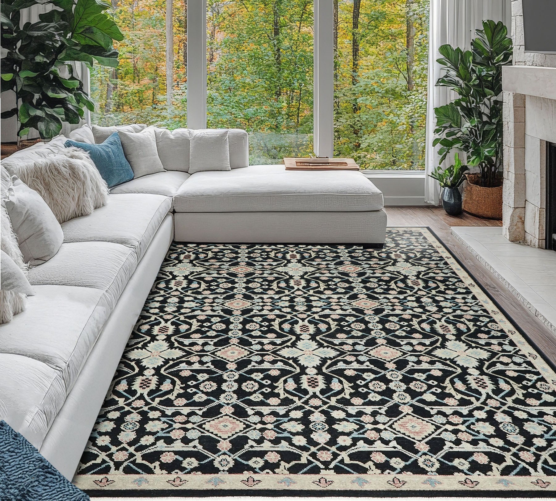 12x15 Black, Beige, Rose Color Hand Knotted Oushak Wool Transitional Oriental Rug