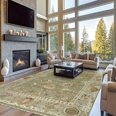 12x15 Green, Peach, Beige Color Hand Knotted Oushak Wool Transitional Oriental Rug