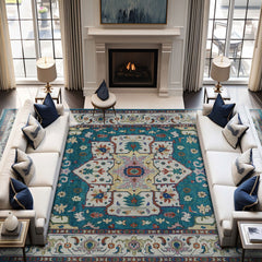 12x15 Teal, Ivory, Rust Color Hand Knotted Oushak Wool  Oriental Rug