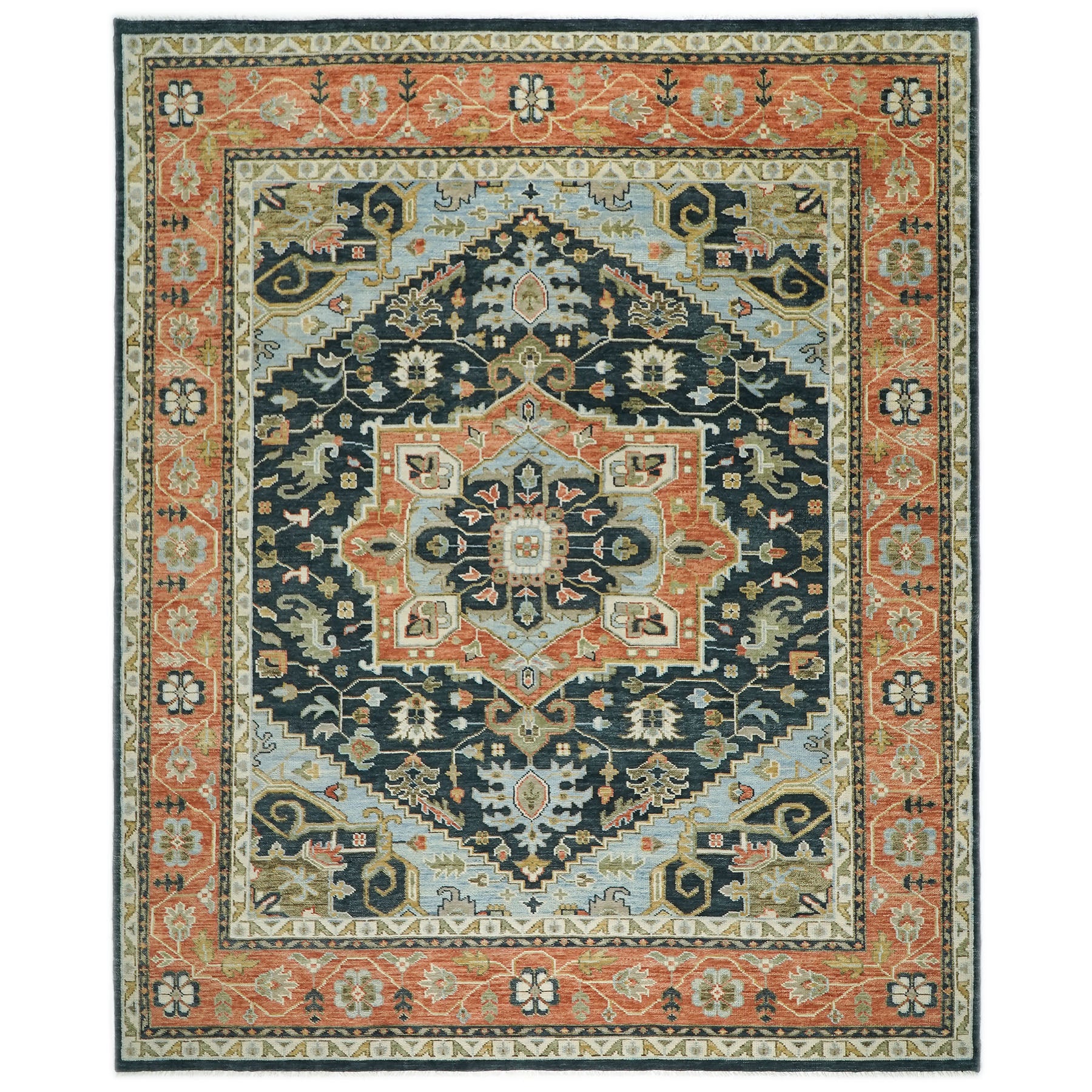 12x15 Blue, Burnt Orange, Ivory Color Hand Knotted Oushak Wool  Oriental Rug