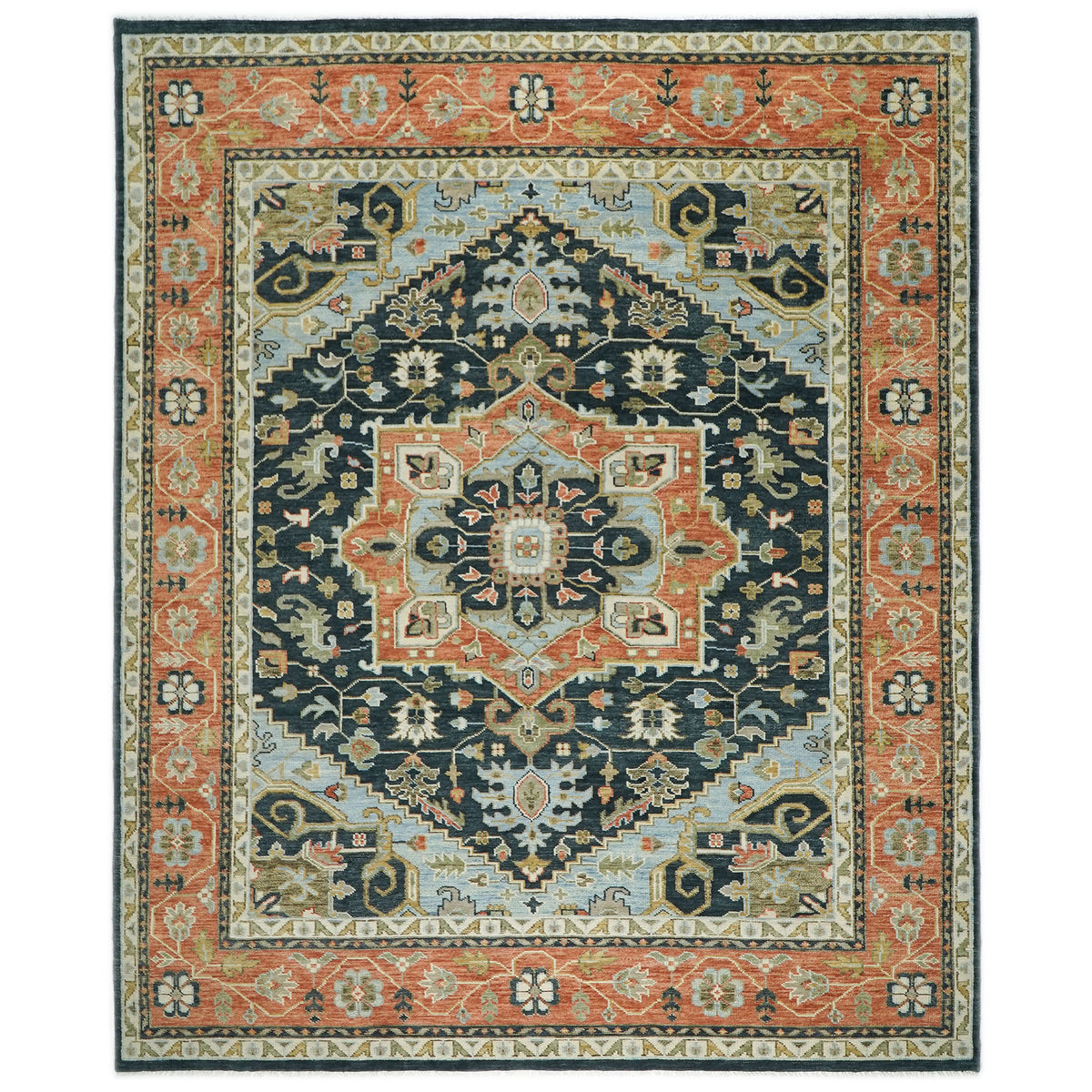 12x15 Blue, Burnt Orange, Ivory Color Hand Knotted Oushak Wool  Oriental Rug