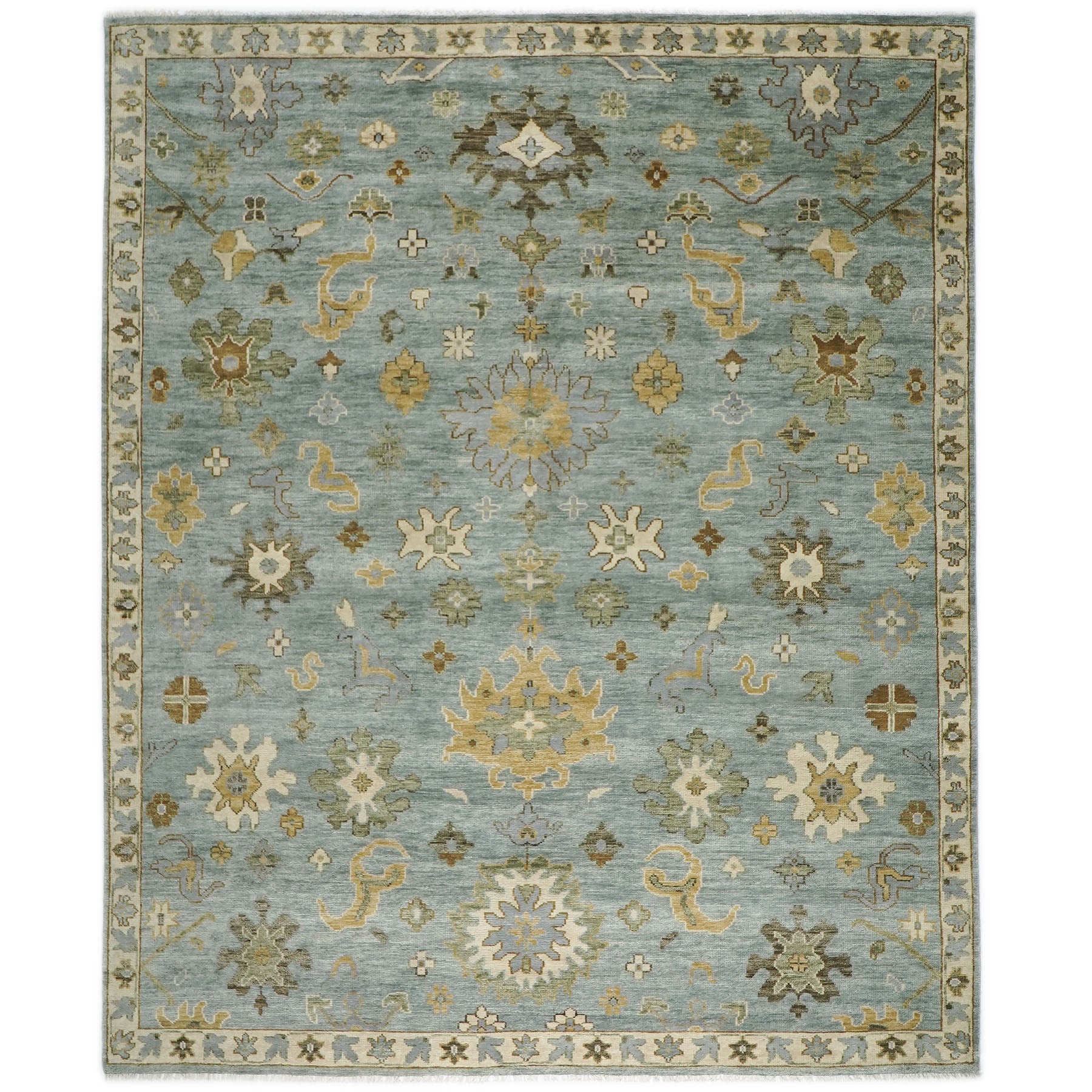 12x15 Blue, Beige, Gold Color Hand Knotted Oushak Wool Transitional Oriental Rug