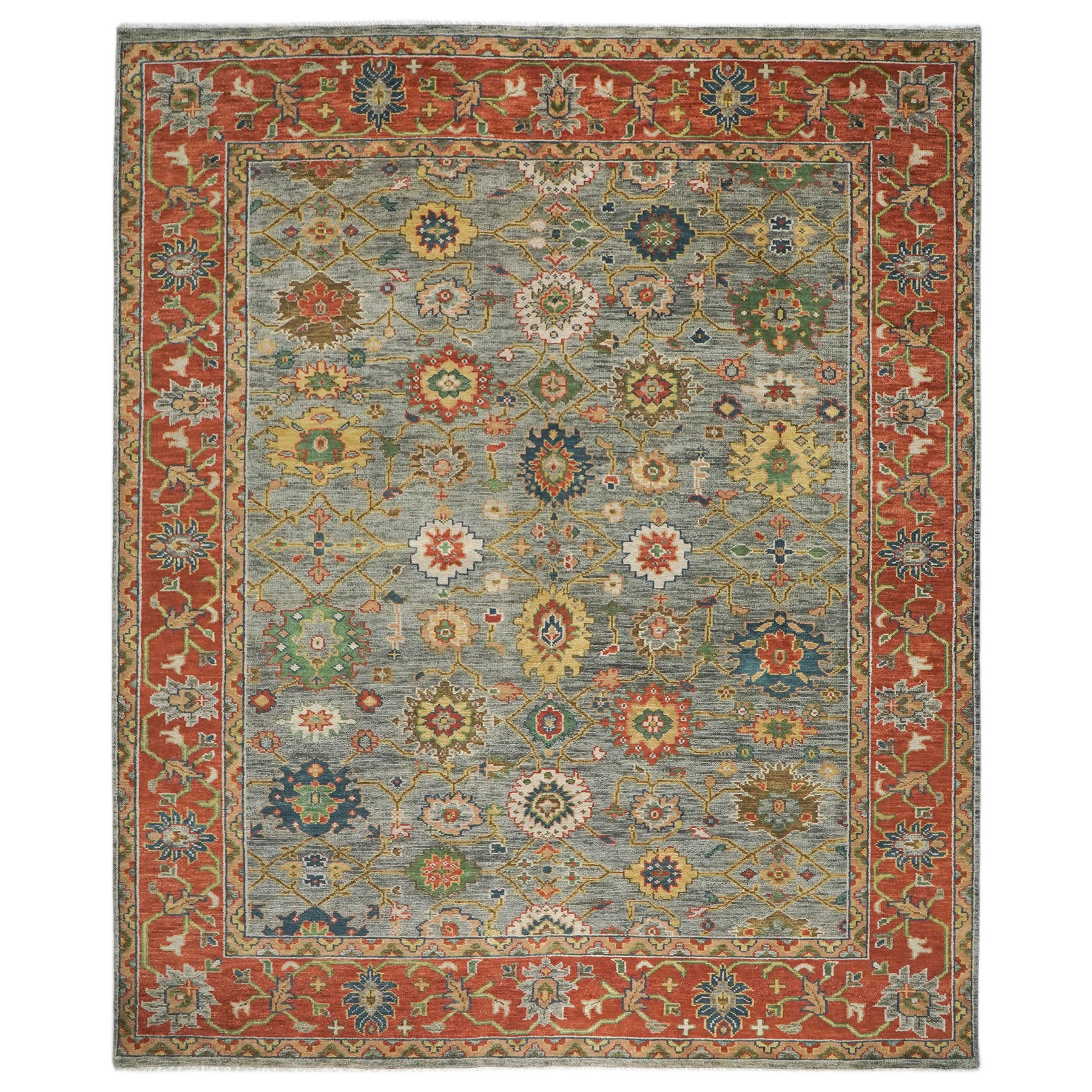 12x15 Blue, Gray, Burnt Orange Color Hand Knotted Oushak Wool Arts and Crafts Oriental Rug