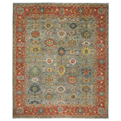 12x15 Blue, Gray, Burnt Orange Color Hand Knotted Oushak Wool Arts and Crafts Oriental Rug