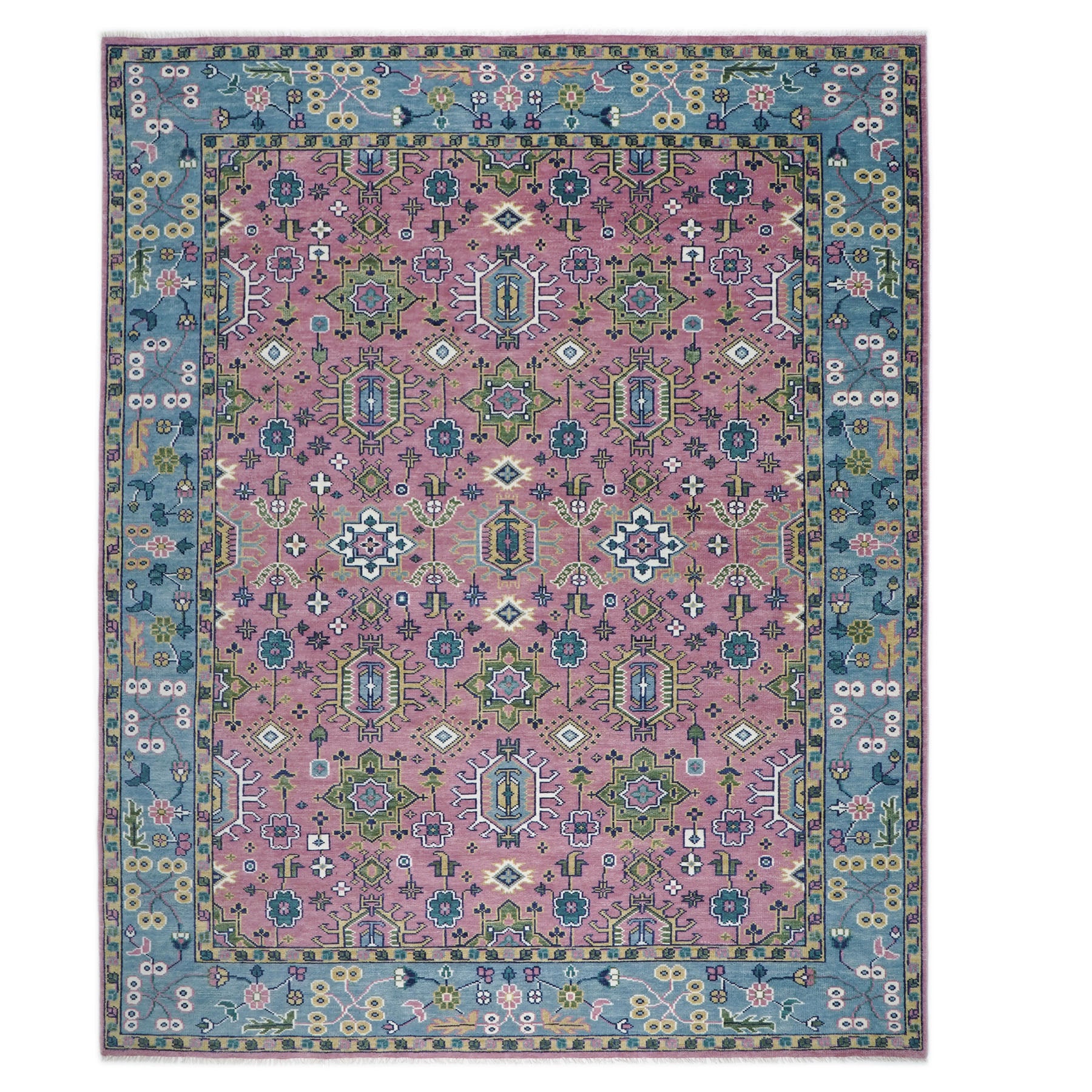 12x15 Pink, Blue, Lime Color Hand Knotted Oushak Wool Transitional Oriental Rug