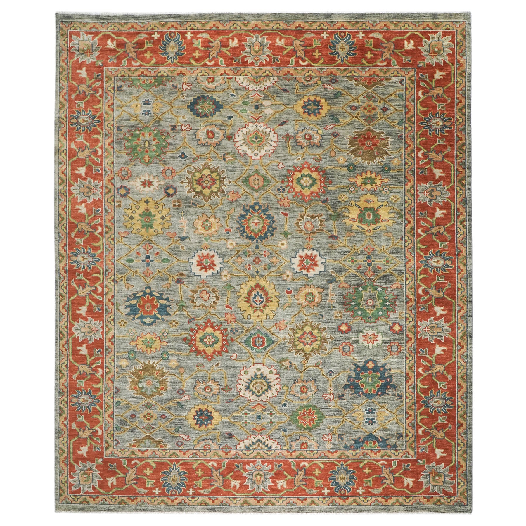 12x15 Gray, Blue, Burnt Orange Color Hand Knotted Oushak Wool Arts and Crafts Oriental Rug