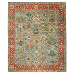12x15 Gray, Blue, Burnt Orange Color Hand Knotted Oushak Wool Arts and Crafts Oriental Rug