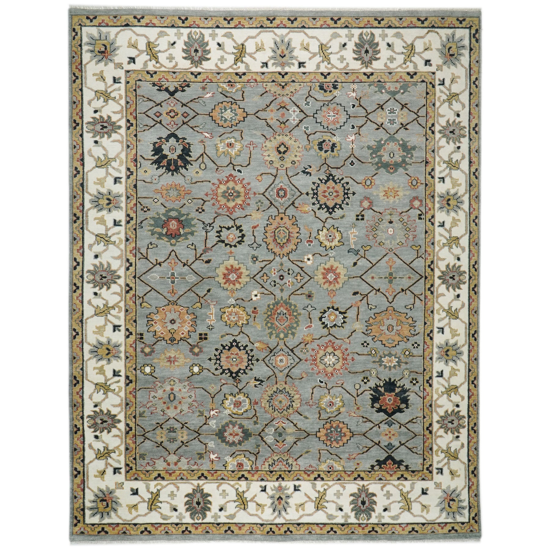 12x15 Slate, Ivory, peach Color Hand Knotted Oushak Wool Arts and Crafts Oriental Rug