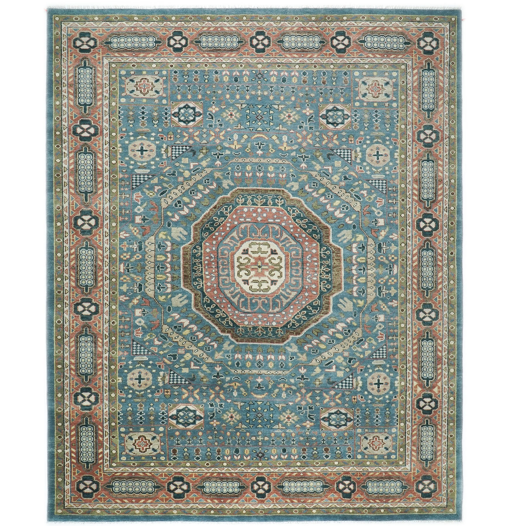 12x15 Blue, Rose, Green Color Hand Knotted Oushak Wool Traditional Oriental Rug