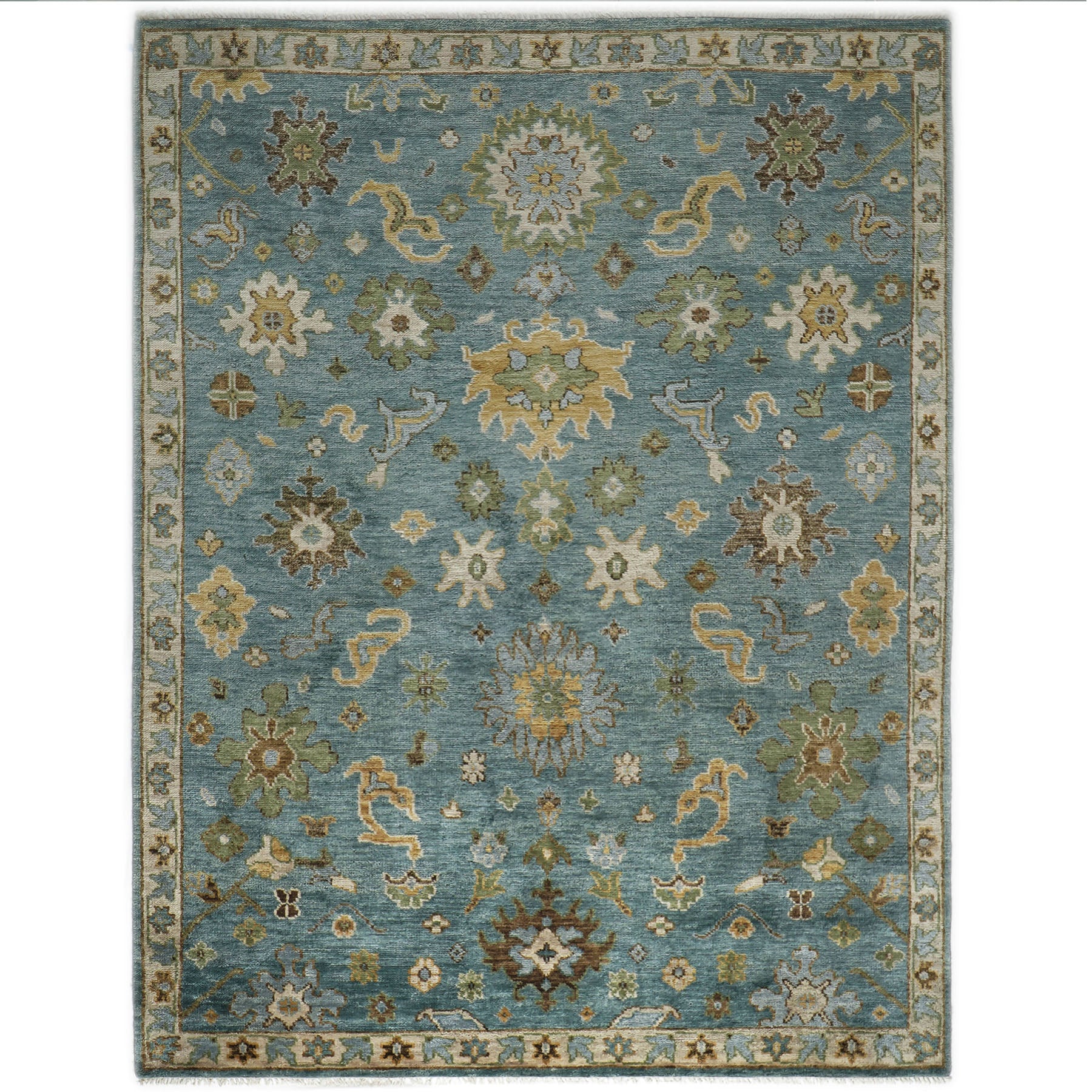 9x12 Celadon, Lime, Gold Color Hand Knotted Oushak Wool Arts and Crafts Oriental Rug