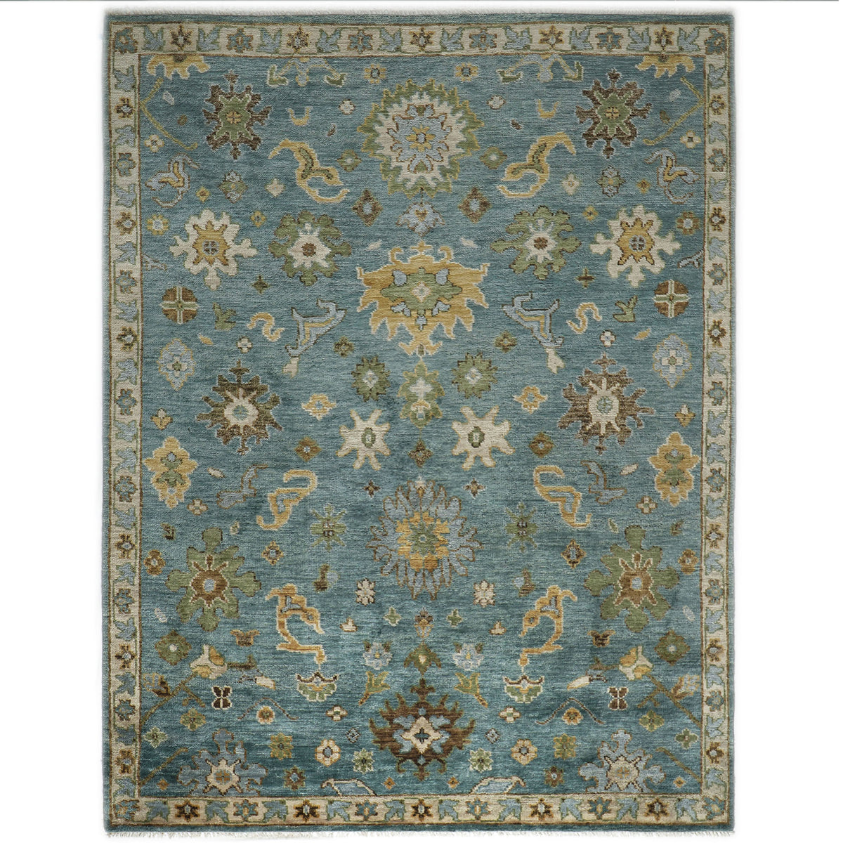 9x12 Celadon, Lime, Gold Color Hand Knotted Oushak Wool Arts and Crafts Oriental Rug