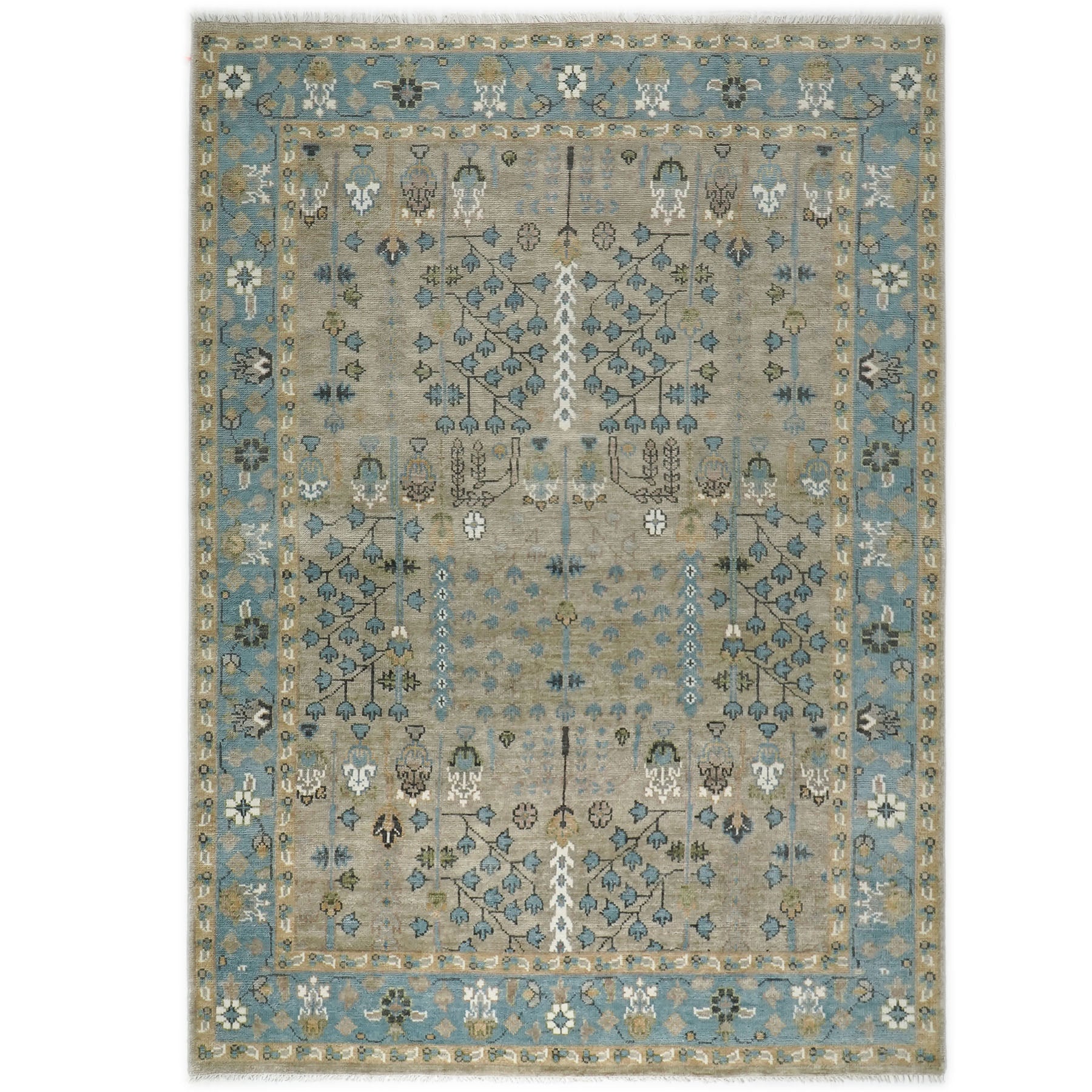 9x12 Beige, Tan, Aqua Color Hand Knotted Oushak Wool Transitional Oriental Rug