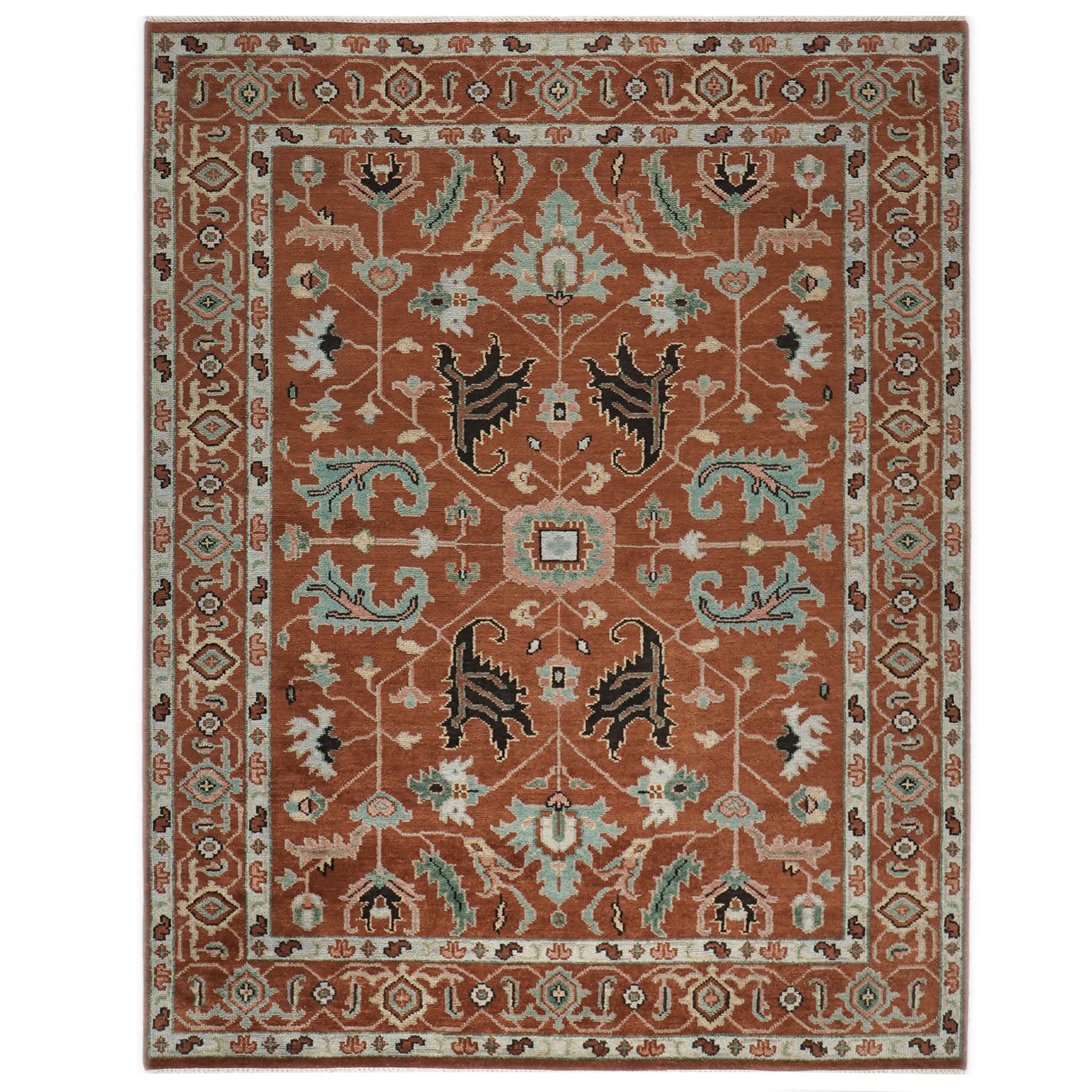 9x12 Burnt Orange, Aqua, Rose Color Hand Knotted Oushak Wool Arts and Crafts Oriental Rug
