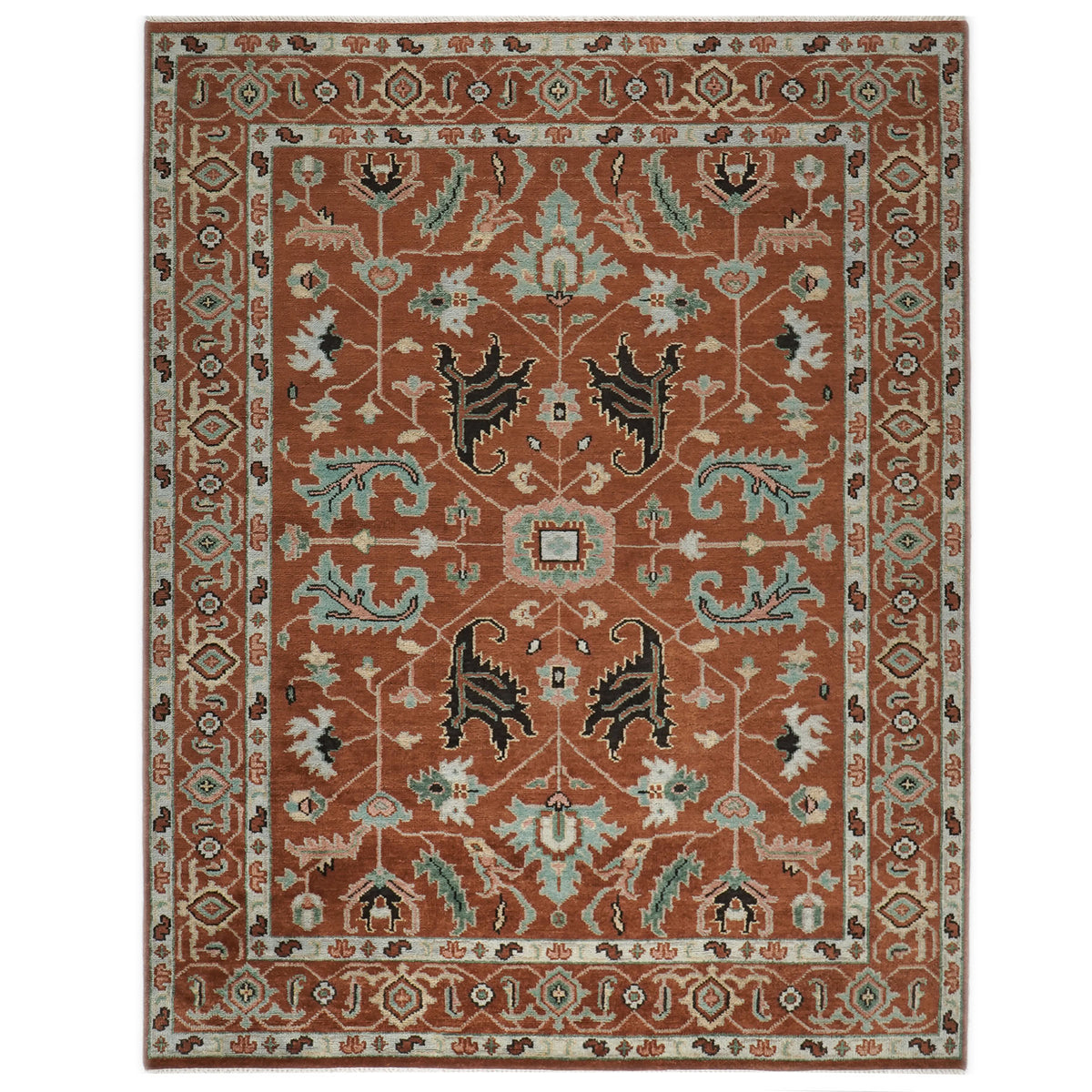 9x12 Burnt Orange, Aqua, Rose Color Hand Knotted Oushak Wool Arts and Crafts Oriental Rug