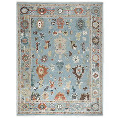9x12 Blue, Ivory, Taupe Color Hand Knotted Oushak Wool Arts and Crafts Oriental Rug
