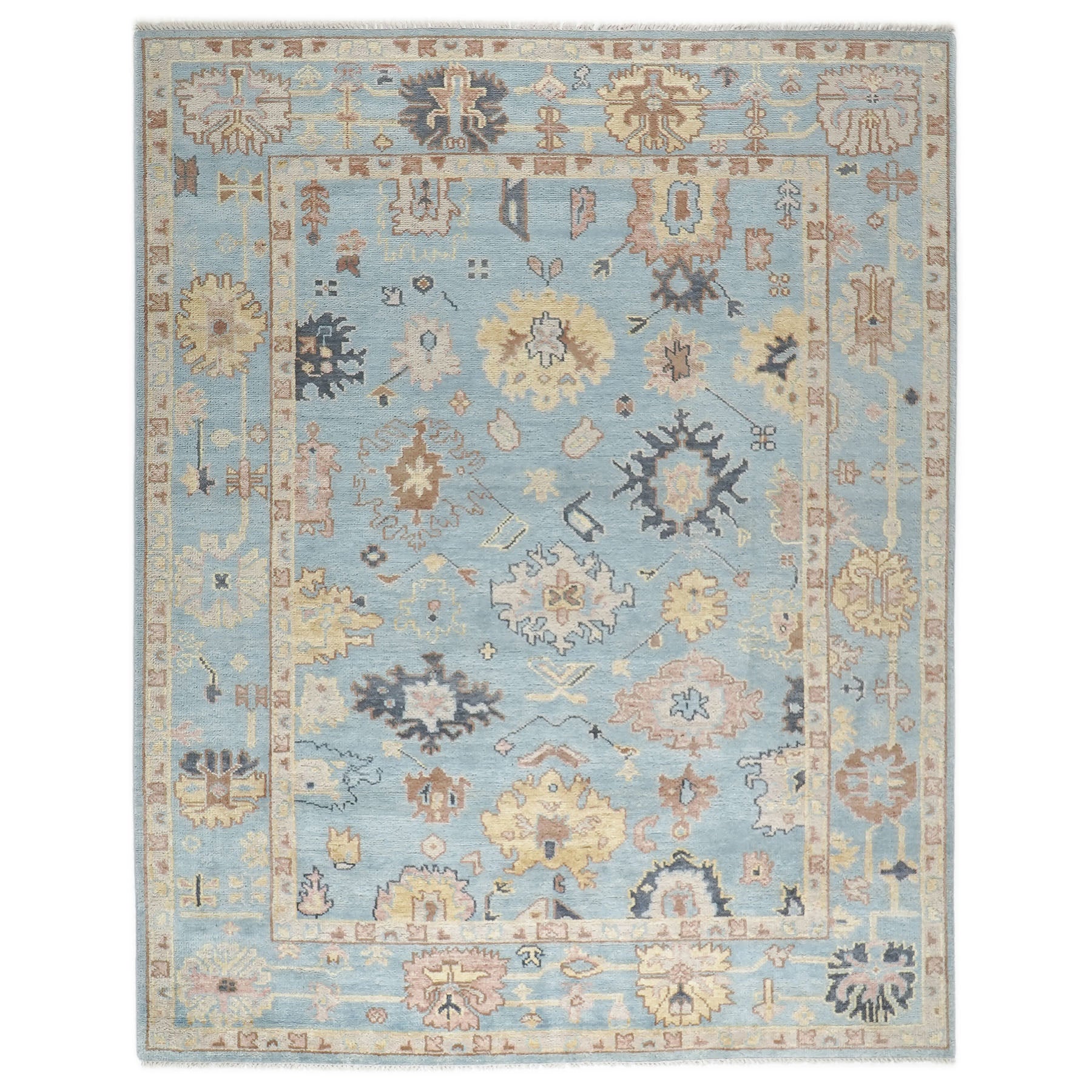 9x12 Blue, Beige, Light Gold Color Hand Knotted Oushak Wool Arts and Crafts Oriental Rug