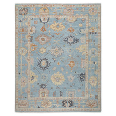 9x12 Blue, Light Gold, Rose Color Hand Knotted Oushak Wool Arts and Crafts Oriental Rug