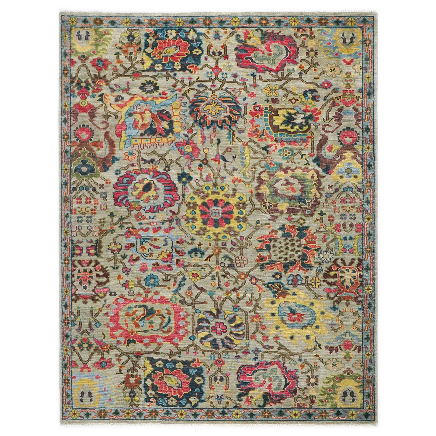 9x12 Mint, Gold, Lime Color Hand Knotted Oushak Wool Arts and Crafts Oriental Rug