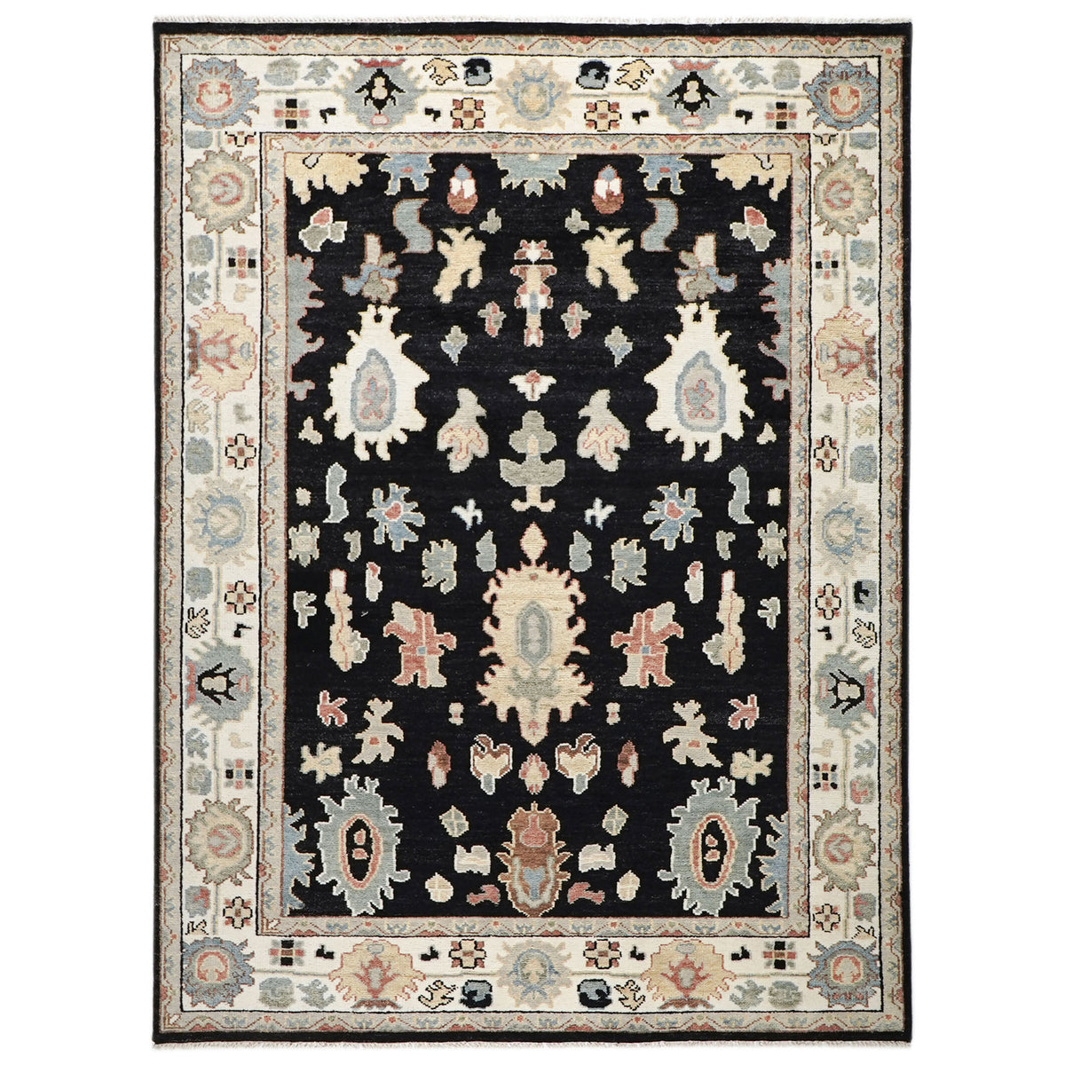 9x12 Black, Ivory, Rust Color Hand Knotted Oushak Wool Arts and Crafts Oriental Rug
