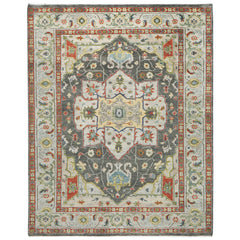 9x12 Gray, Burnt Orange, Lime Color Hand Knotted Oushak Wool  Oriental Rug