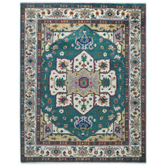 9x12 Teal, Ivory, Green Color Hand Knotted Oushak Wool  Oriental Rug