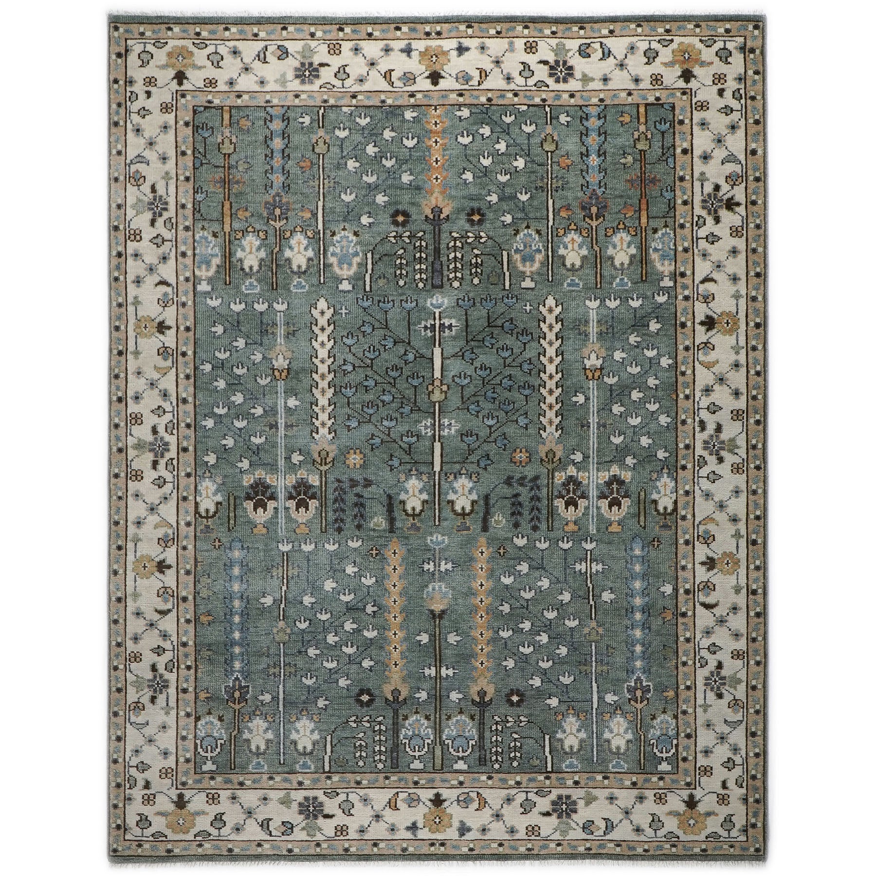 9x12 Celadon, Beige, Brown Color Hand Knotted Oushak Wool Transitional Oriental Rug