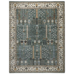 9x12 Celadon, Beige, Brown Color Hand Knotted Oushak Wool Transitional Oriental Rug