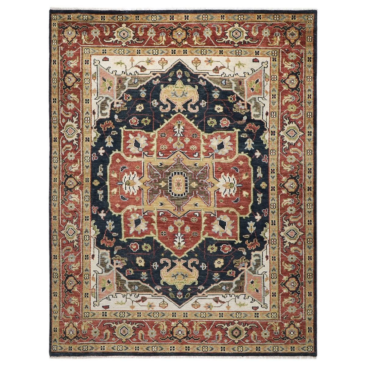 9x12 Blue, Burnt Orange, Ivory Color Hand Knotted Oushak Wool  Oriental Rug