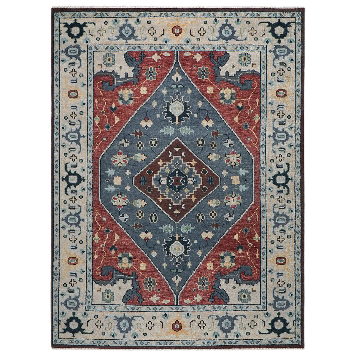 9x12 Blue, Rust, Brown Color Hand Knotted Oushak Wool Traditional Oriental Rug