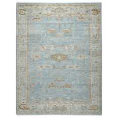 9x12 Blue, Gray, Brown Color Hand Knotted Oushak Wool Transitional Oriental Rug