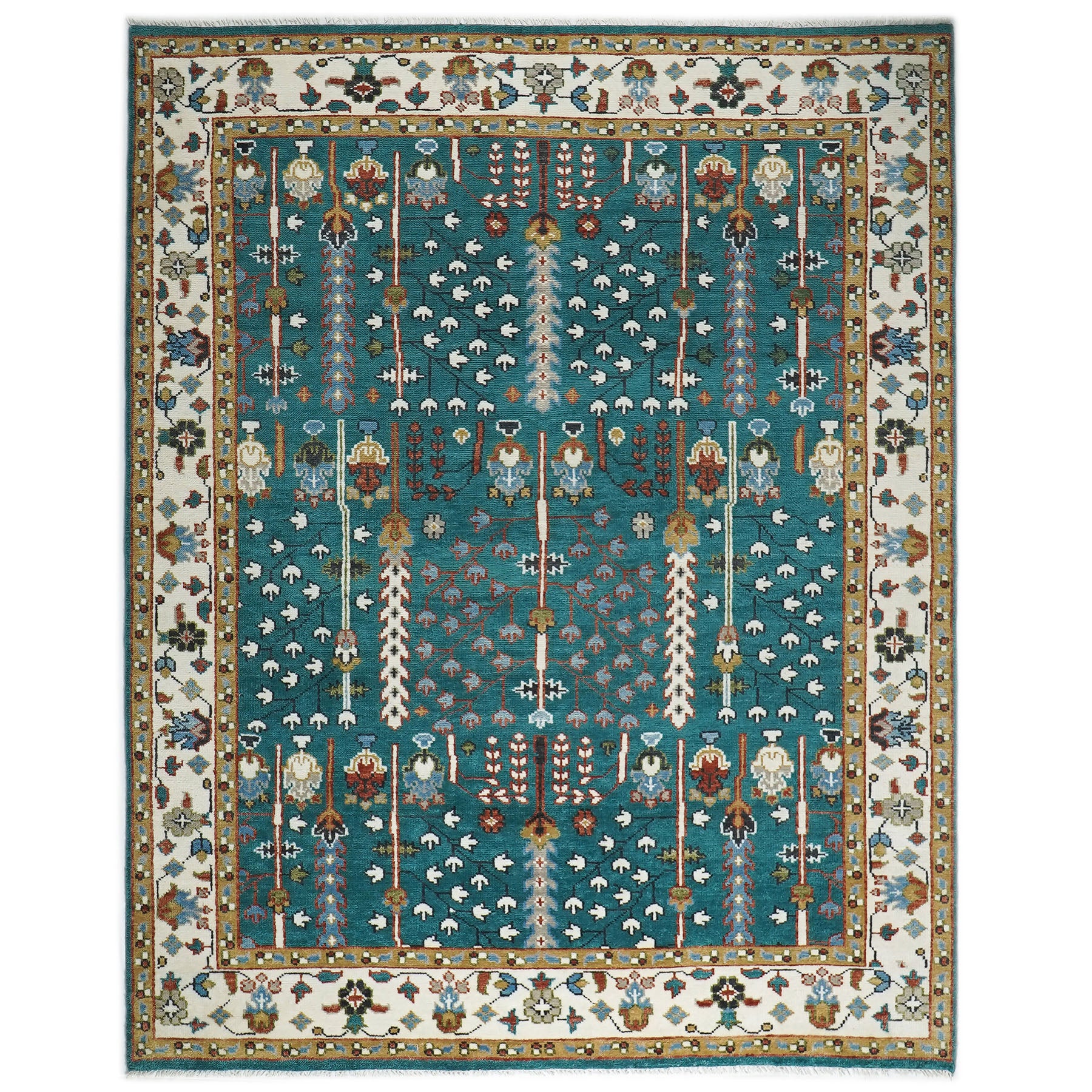 9x12 Turquoise, Ivory, Burnt Orange Color Hand Knotted Oushak Wool Transitional Oriental Rug