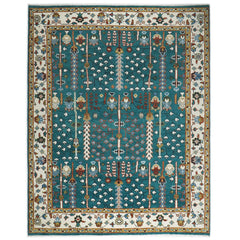 9x12 Turquoise, Ivory, Burnt Orange Color Hand Knotted Oushak Wool Transitional Oriental Rug