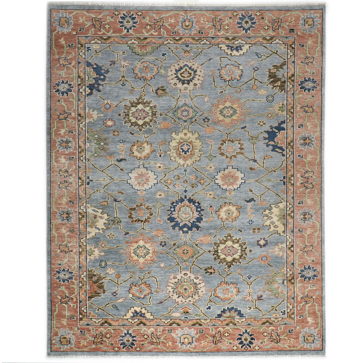 9x12 Slate, Blue, peach Color Hand Knotted Oushak Wool Arts and Crafts Oriental Rug