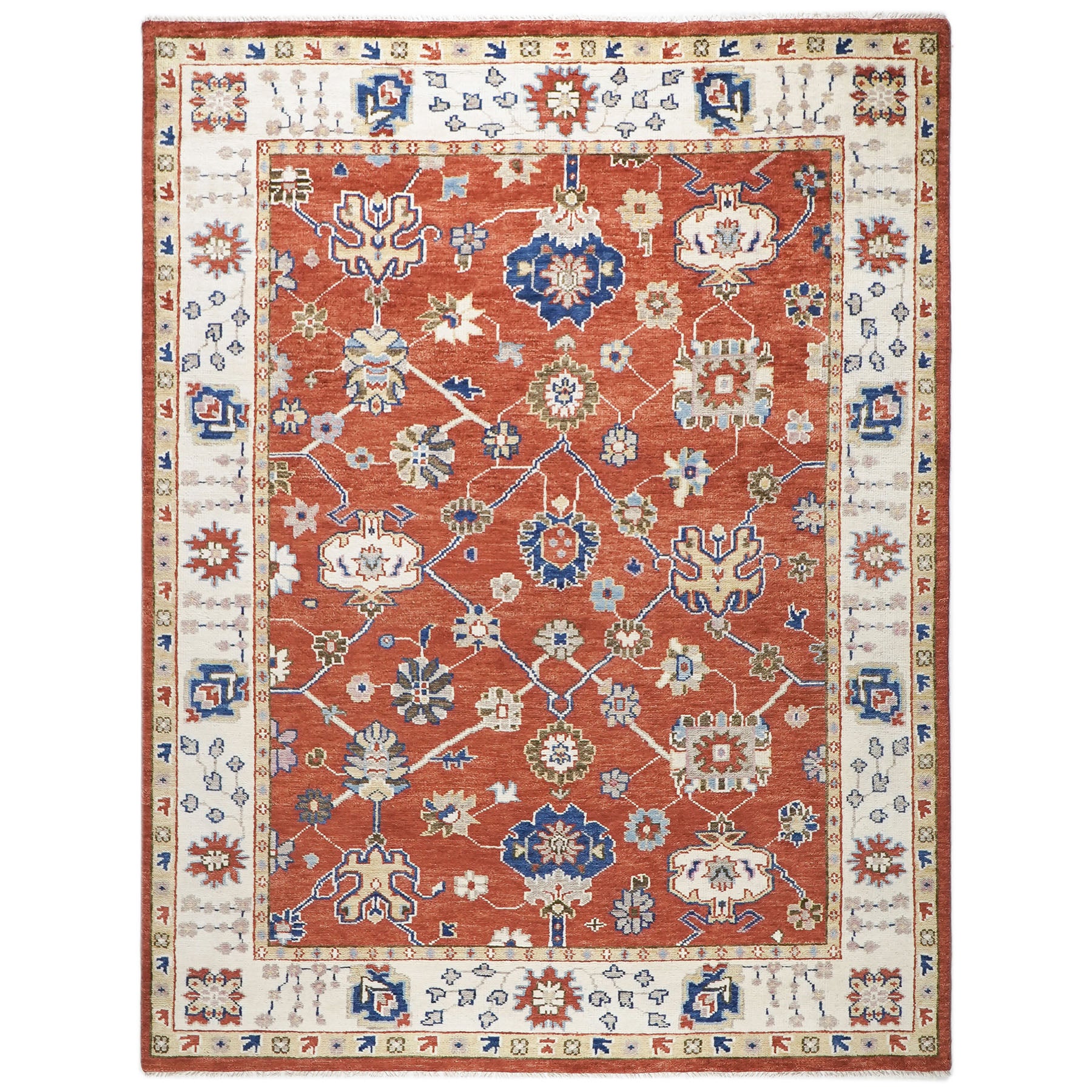9x12 Burnt Orange, Ivory, Navy Color Hand Knotted Oushak Wool Arts and Crafts Oriental Rug