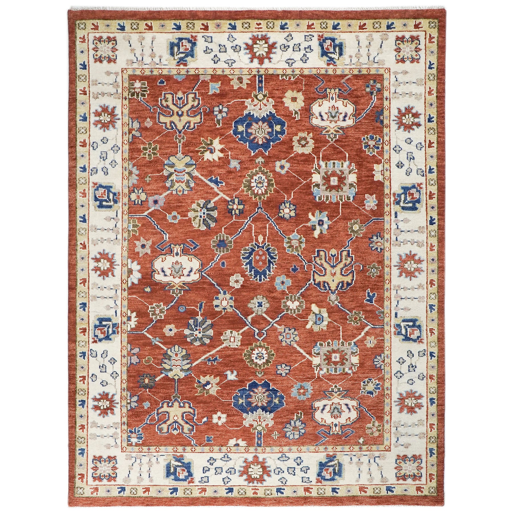 9x12 Burnt Orange, Ivory, Navy Color Hand Knotted Oushak Wool Transitional Oriental Rug