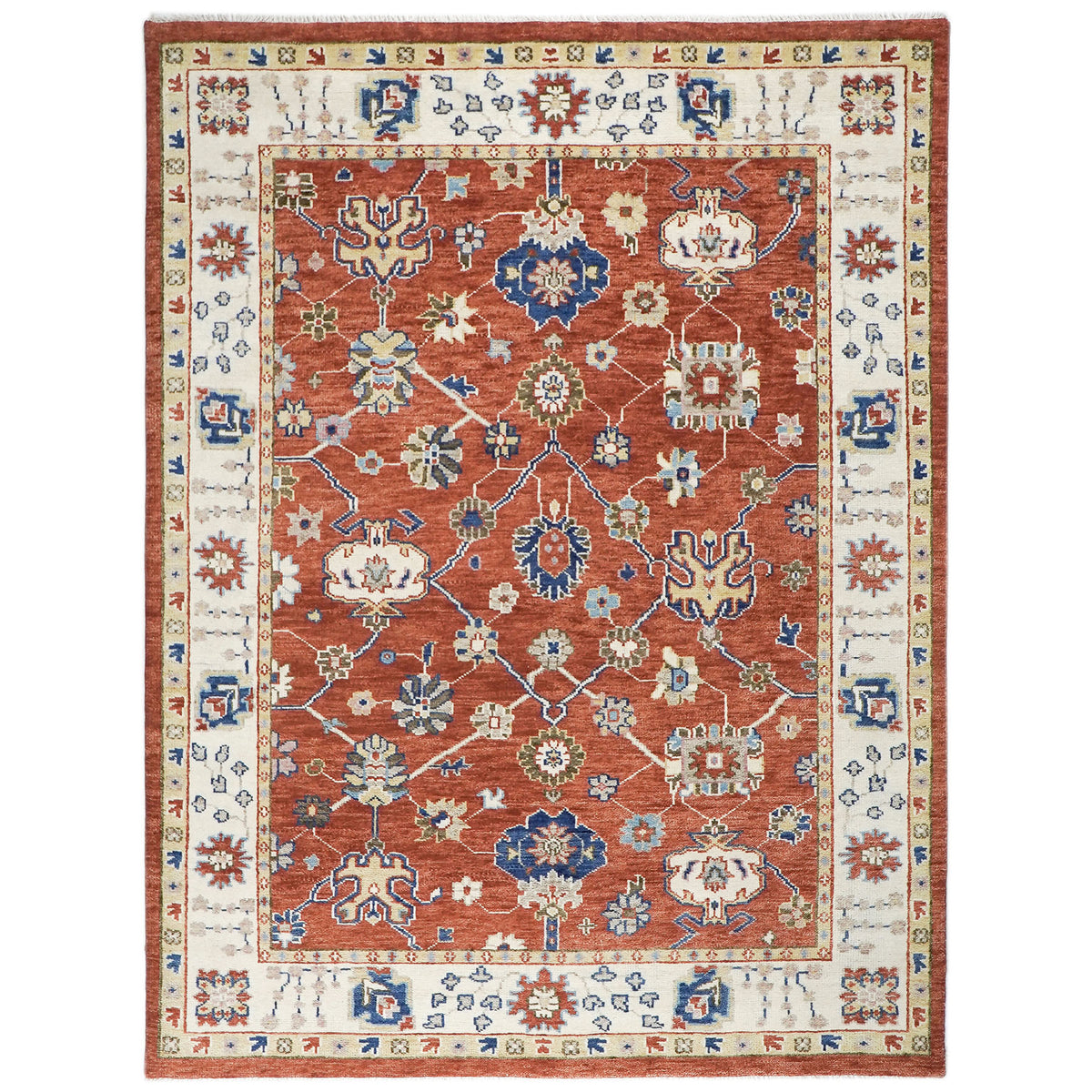 9x12 Burnt Orange, Ivory, Navy Color Hand Knotted Oushak Wool Transitional Oriental Rug