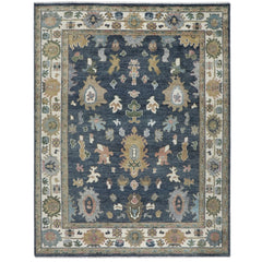 9x12 Blue, Ivory, Moss Color Hand Knotted Oushak Wool Arts and Crafts Oriental Rug